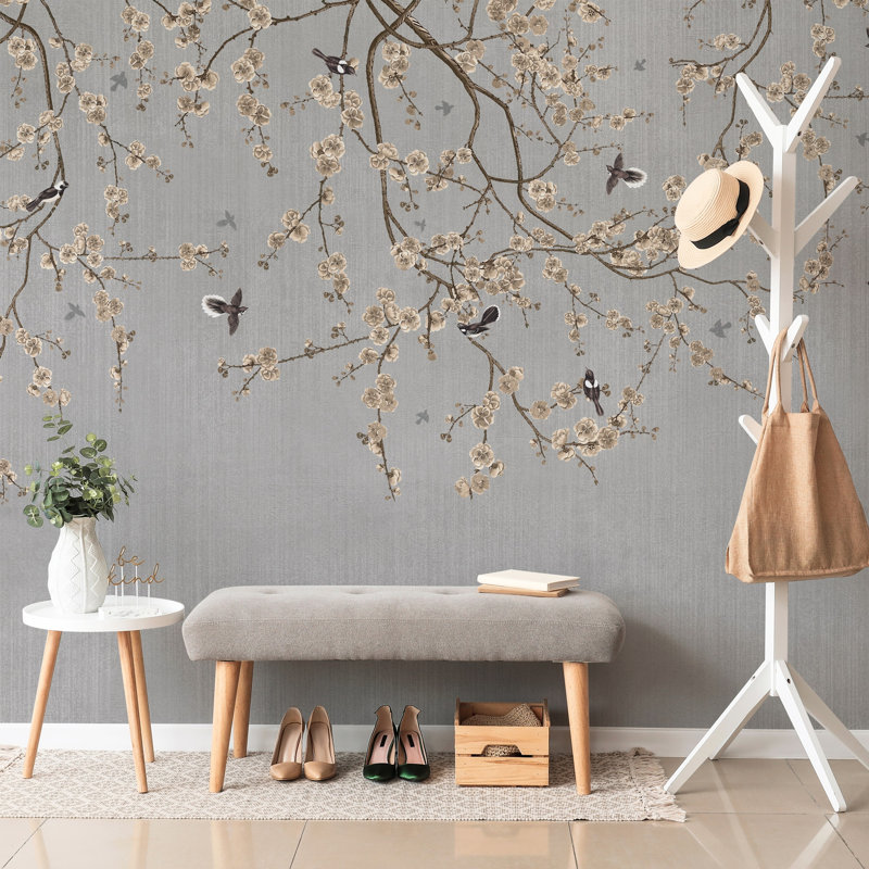 Papier peint fleurs de cerisier en fleurs, Vert, L 110,04 po x l 204 po