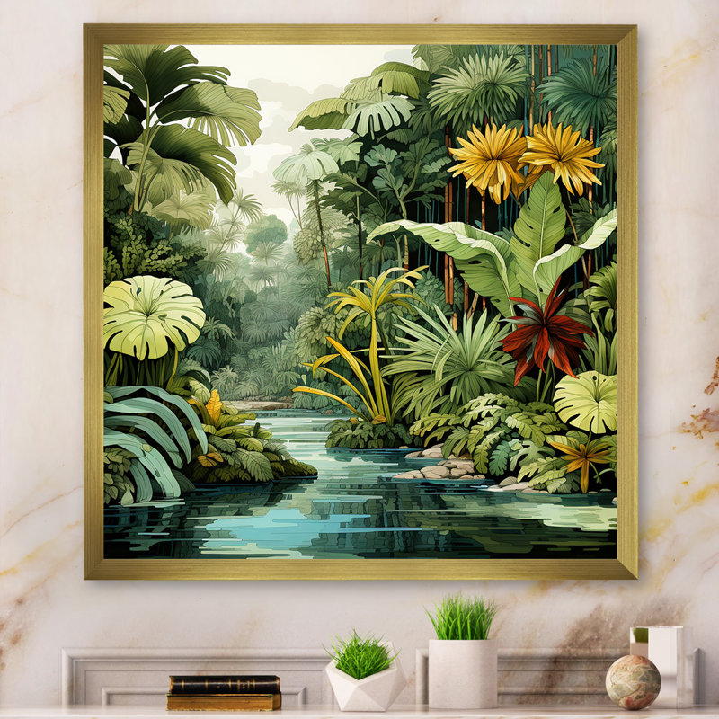 Rainforest Jungle Plants Landscape 2 - Jungle, art mural, Cadre doré simple, H 30 po x l 30 po x P 1,5 po