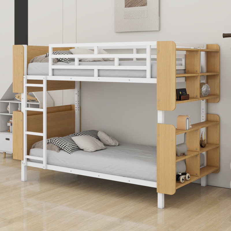 Lit superposé en métal avec échelle et garde-corps, espace de rangement, Simple sur simple, Blanc / Naturel