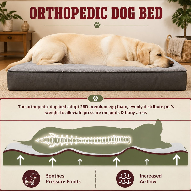 Lit orthopédique imperméable gris 41x27 pour grands chiens jusqu'à 90 lb, avec mousse alvéolée, surface de tapis plate et douce en peluche, housse amovible et lavable, et fond antidérapant.