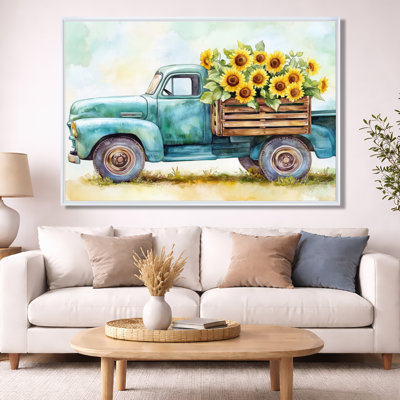 Art mural rétro de camion, toile de caisse de fleur de campagne, camion rétro avec caisse de fleur