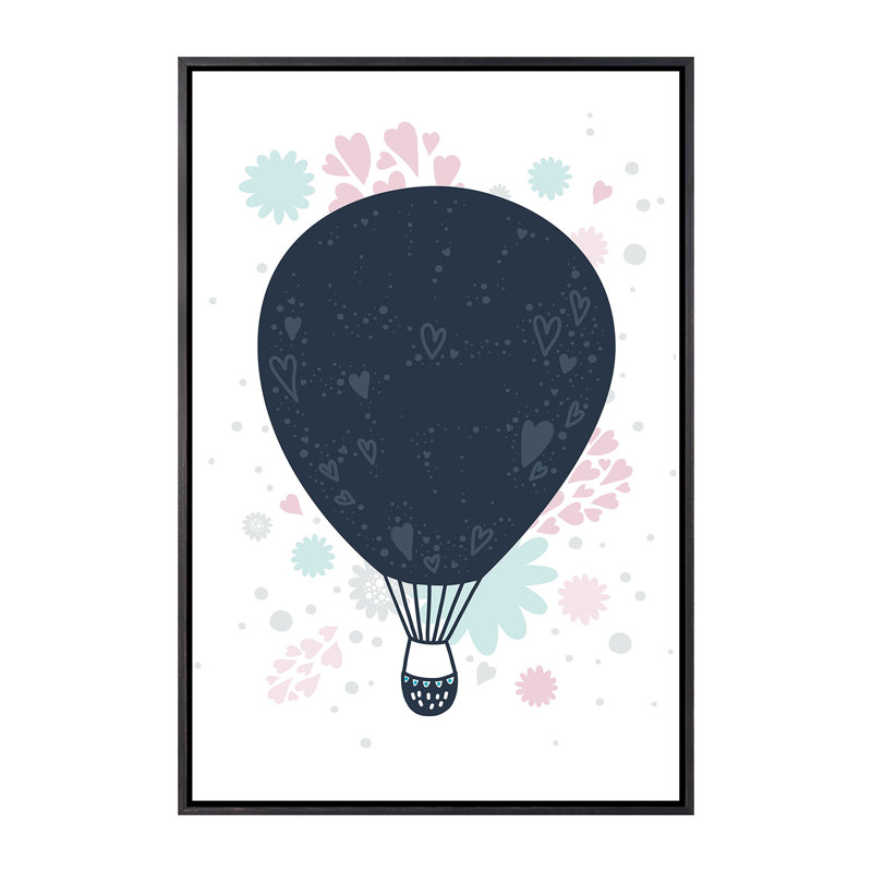 Montgolfière - impression d'art graphique, H 40 po x l 26 po x P 1,5 po, Toile avec cadre noir patiné, Pas de tapis