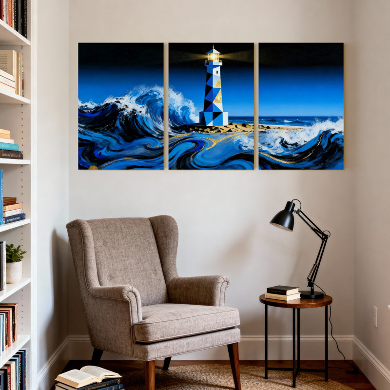Ensemble de 3 impressions d'art sur toile, "Lighthouse Waves Night Sky Ocean Reflection", H 18 po x l 36 po