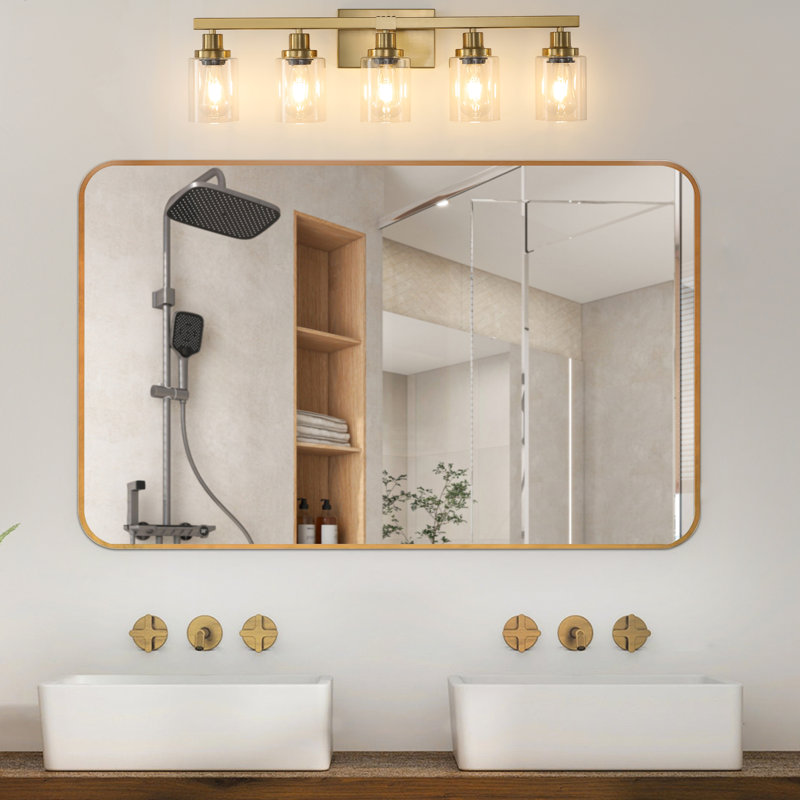 Golden 5- Bathroom Vanity Lamp With Clear Glass, Iron Metal Mirror Fixture For Bathroom, Ideal & Dressing Table Refinement Addition, E26 Bulb Supported  No Bulbs Modern Fixture, Enhancement,