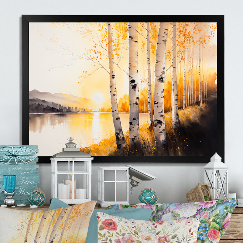 Golden Hour Birch Trees II - reproduction sur toile, Impression noire sur toile encadrée, H 16 po x l 32 po x P 1 po