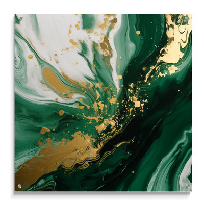 Vert et or Serene Cascade III - Art mural abstrait en acrylique pour le salon