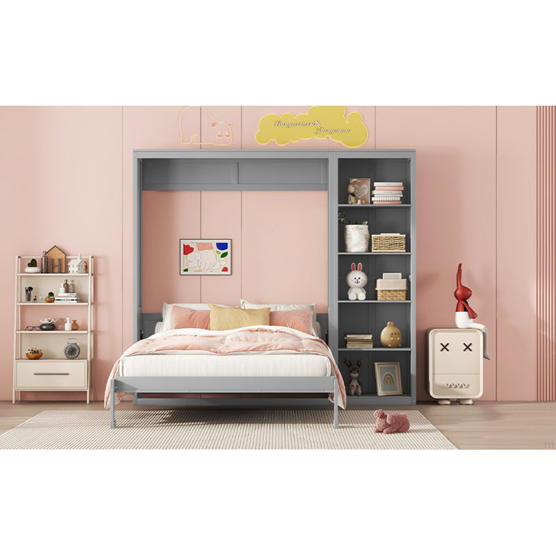 Lit escamotable mural avec tablettes Murphy, Gris, Lit double