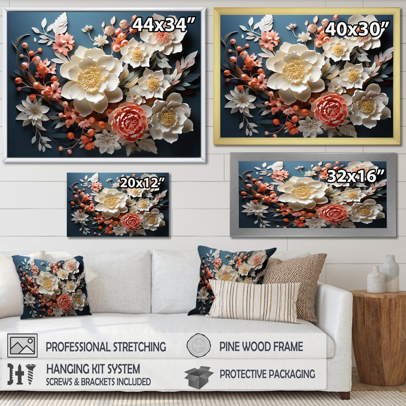 Art asiatique, fleurs éternelles I - impression, Cadre naturel flottant, H 12 po x l 20 po x P 1 po
