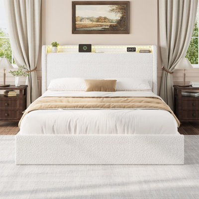 Boucle Bed Frame with Storage Headboard, Upholstered Platform Low Profile Bed Frame with 4 Storage Drawers, No Box Spring Needed, Noise Free by Wrought Studio