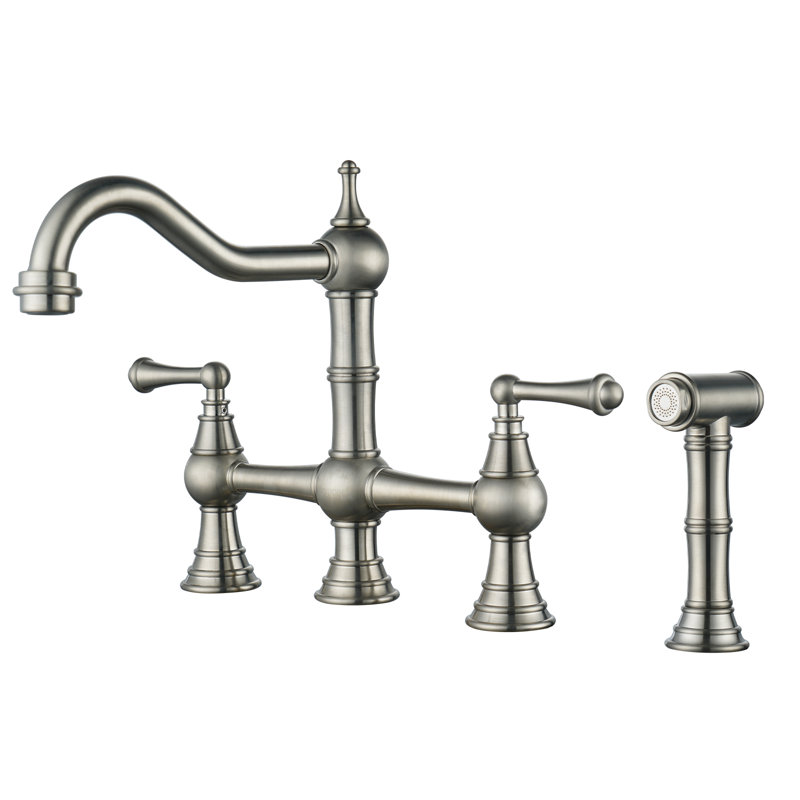 Robinet de cuisine pont en laiton Heritage avec douchette, robinet de cuisine 4 trous à 2 poignées, robinet central de 8 pouces pour éviers de cuisine