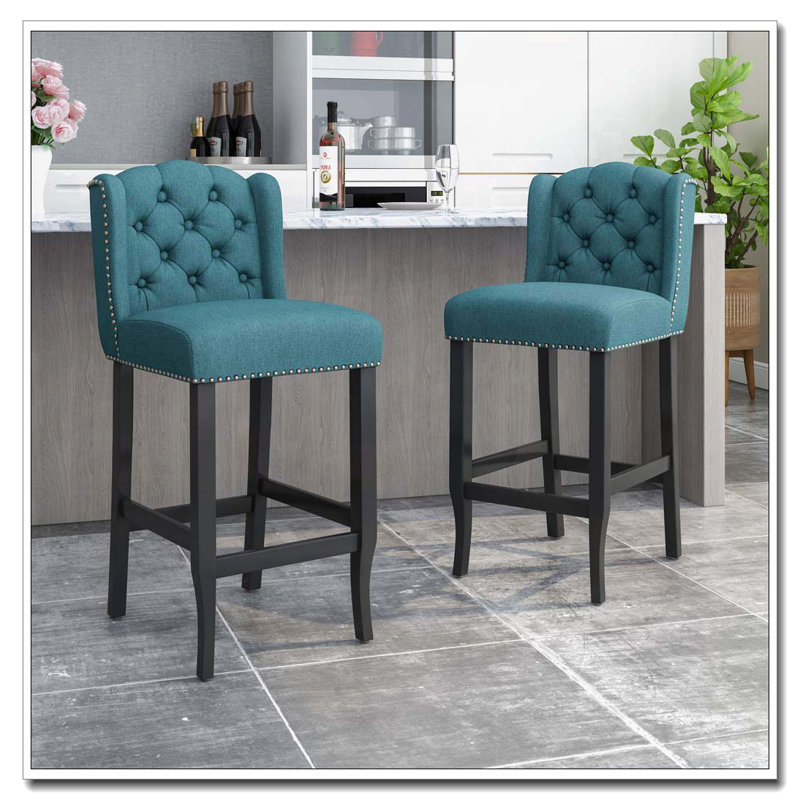 Fabric Tufted Wingback 31 Inch Counter Barstools, Green