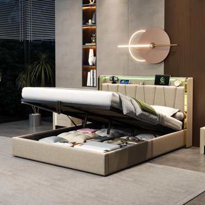 Upholstered Bed With Storage, Led And Usb Linen Beige