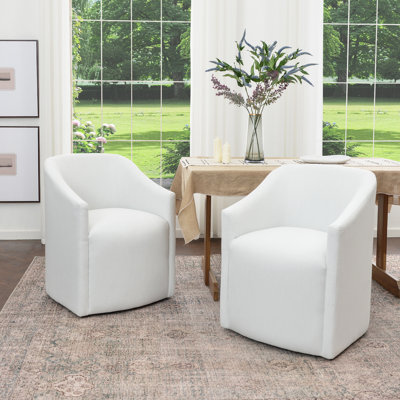  25" Wide Modern No Assembly Linen Barrel Back Upholstered Dining Armchair with Interchangeable Casters & Fixed Feet (Set of 2)