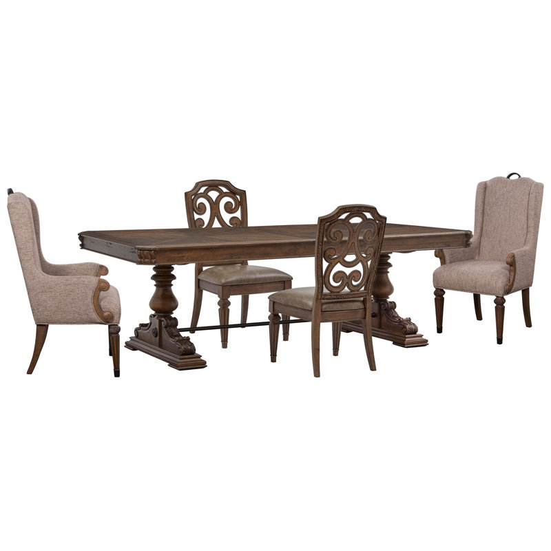 Extendable Trestle Dining Table With 2 Side Chairs And 2 Host Chairs, 5 Pieces: Table, 4 Chairs