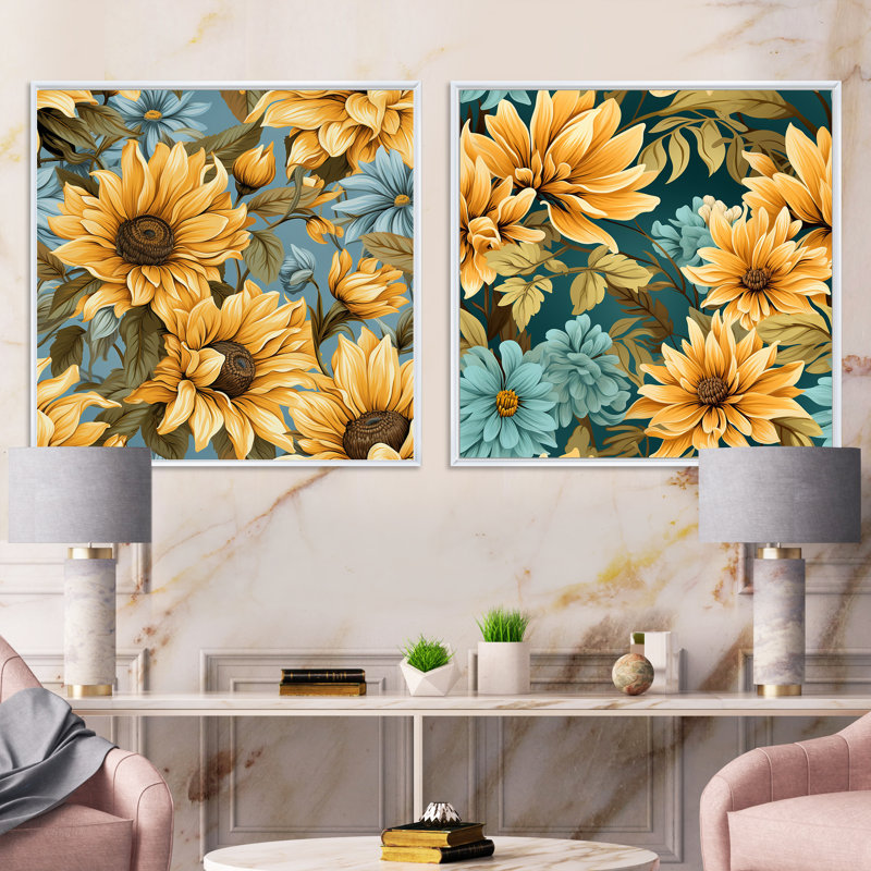 Golva - Ensemble de 2 collages floraux carrés, Cadre flottant blanc, H 30 po x l 61 po