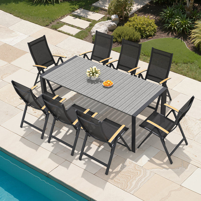 8 - Person 83’’ L Aluminum Patio Dining Set With Adjustable Folded Chairs And Umbrella Hole, Dark Gray