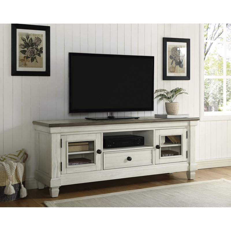 Meuble télé de salon avec tiroir, support de rangement central à tablettes réglables blanc antique et brun rosé, blanc / rosé