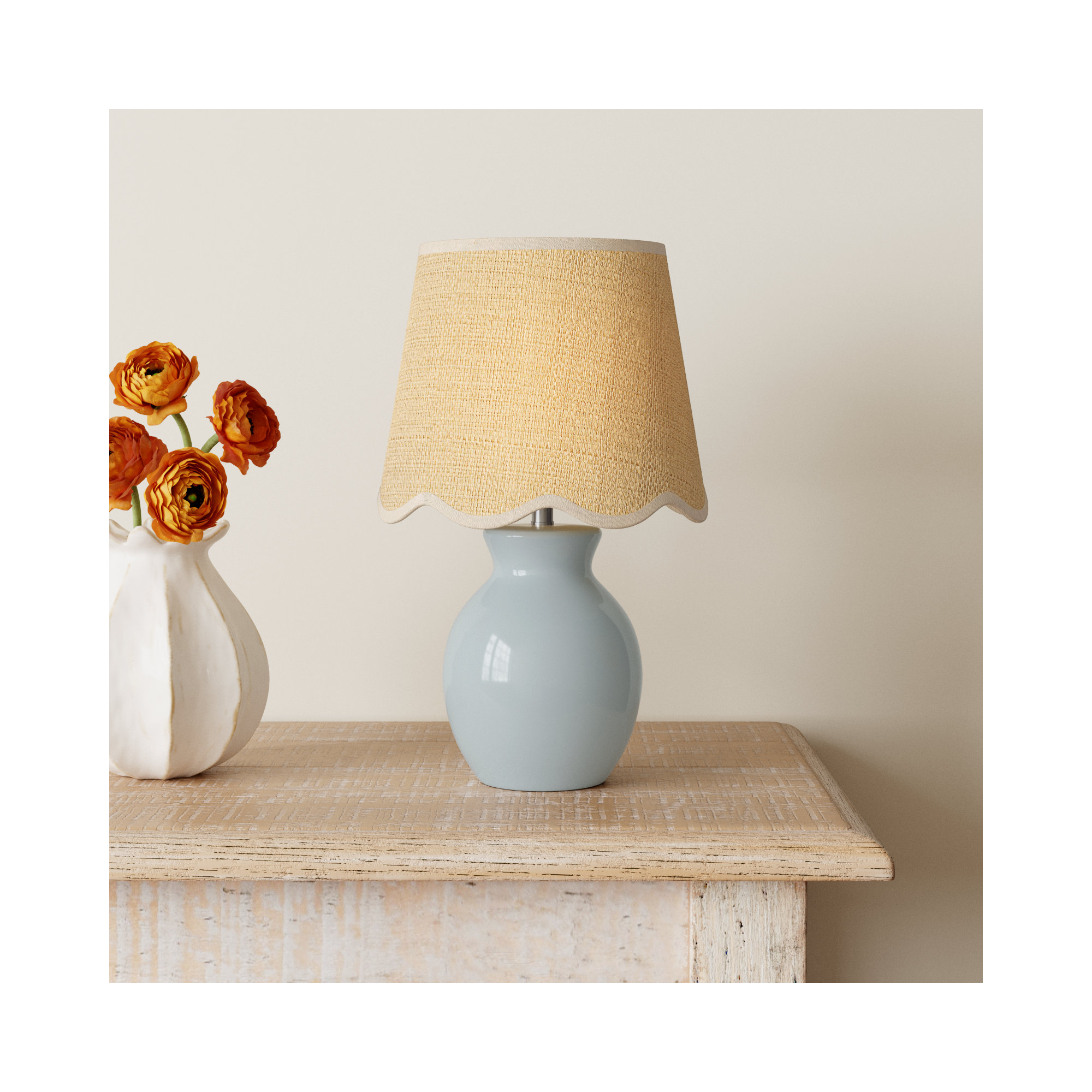 Momsen Scallop Shade Lamp, 15"" H x 8"" W x 8"" D, Natural, Light Blue