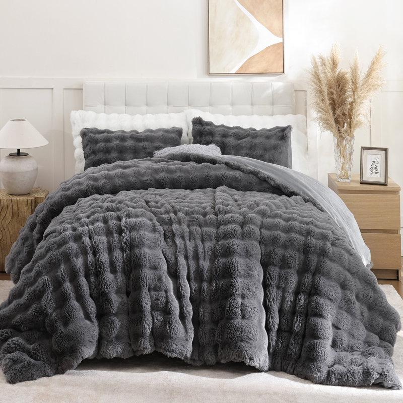 Ensemble d'édredon Fluffy 3 pièces - édredon en fausse fourrure ultra doux et chaud avec deux taies d'oreiller pour l'hiver