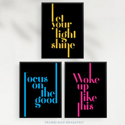 Neon Light Shine Woke Up Like This Focus Motivational Fun Quote - 3 Piece No Frame Print Set