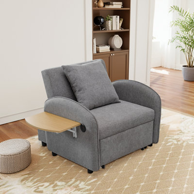 35.3'' Wide Convertible Single Chair With Reclining Backres T& Side Table,3-In-1 Linen Pull Out Sleeper With USB Ports & Pollow