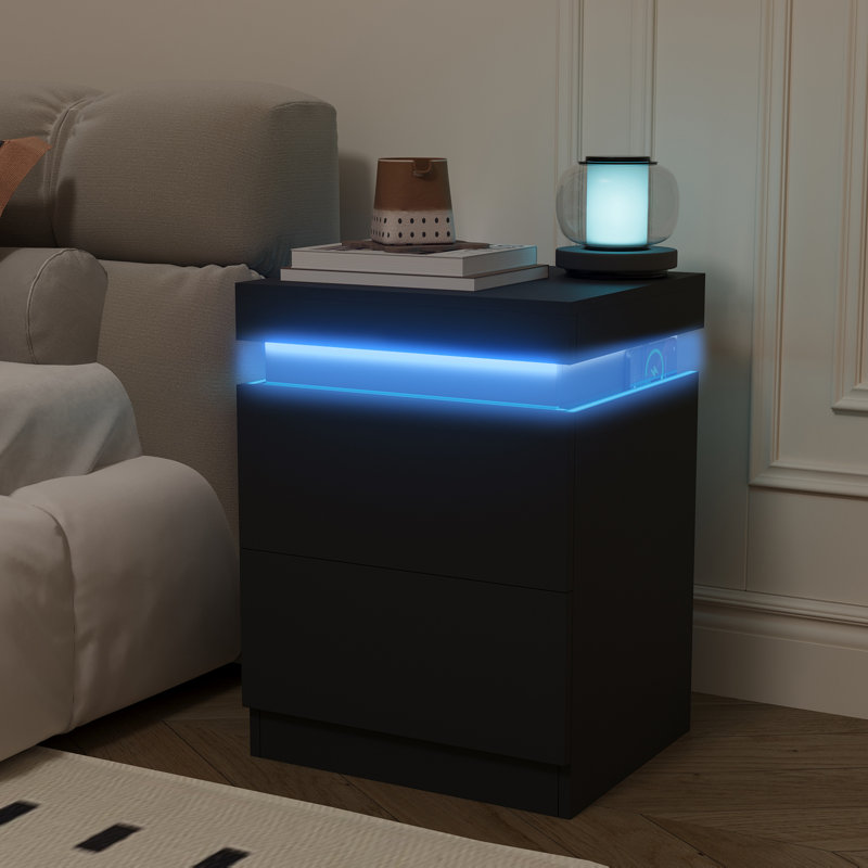 Bedside Table with Charging, 3 Layer Side Table with LED light, Remote and App Control, Black