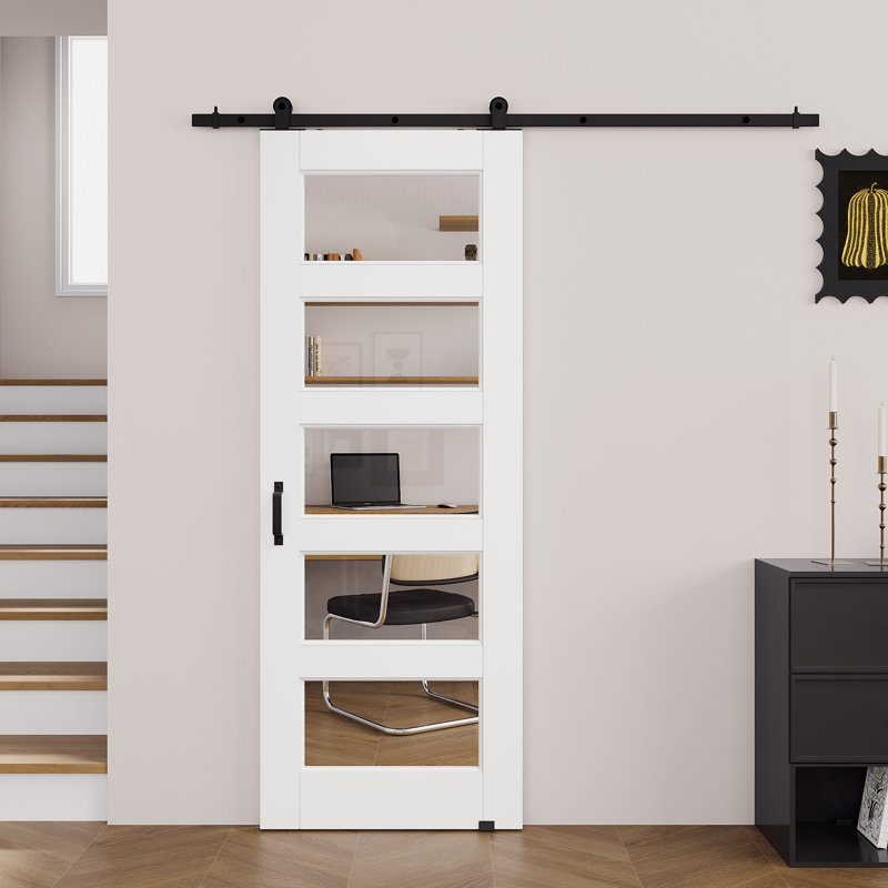 Porte de grange coulissante en verre transparent pré-fini blanc 5-Lite avec quincaillerie d'installation facile à installer / aucun assemblage requis