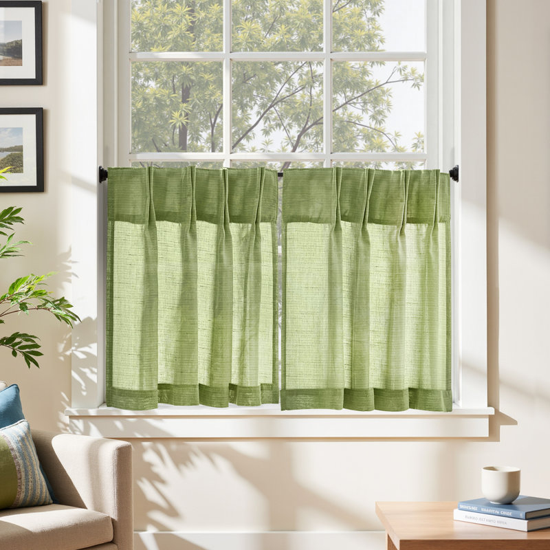Linen Pinch Pleated Kitchen Curtains Tier Curtains Light Filtering Small Window Drapes for Kitchen, 26" W x 24" L, Green