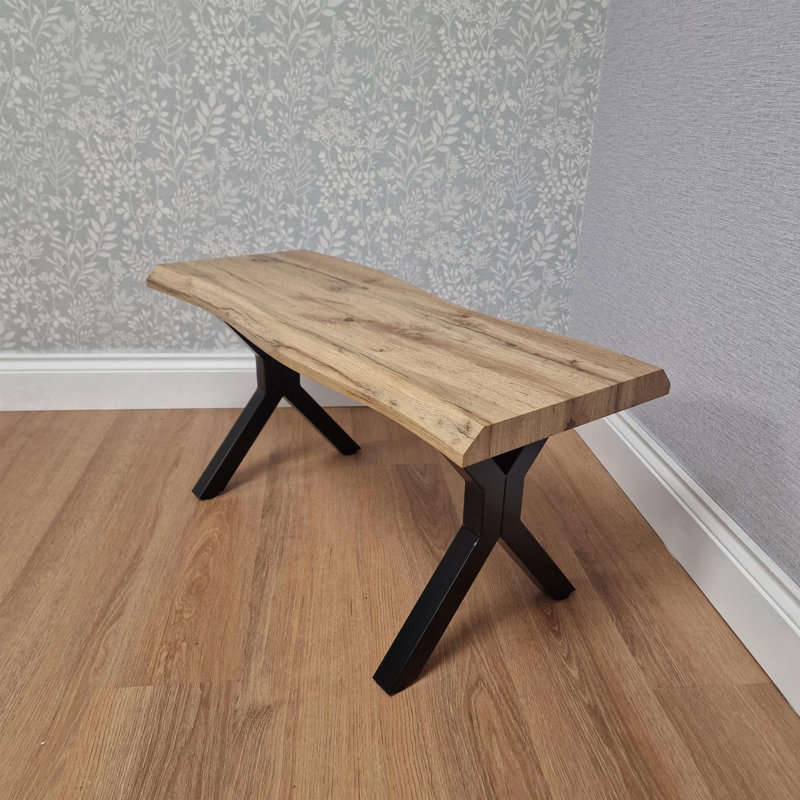 Wooden Dining Table and 2 Benches Set with X-Shaped Iron Legs, Curved Edge(75cm), 75cmH x 140cmL x 80cmW