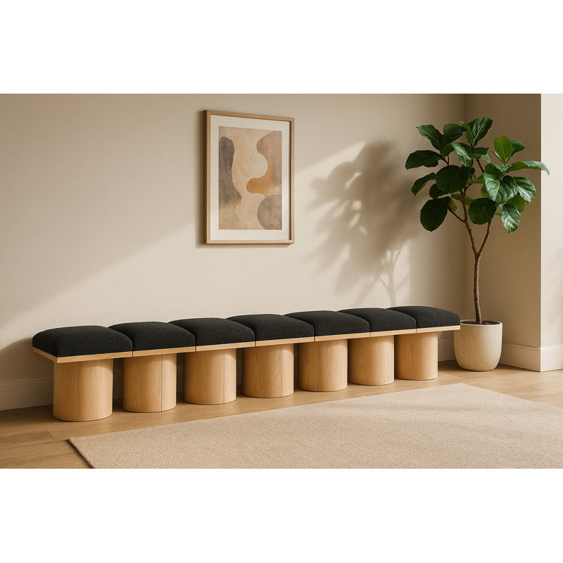 Banc rembourré Horatia, Tissu bouclé noir, Naturel, H 17,5 po x l 126 po x P 15,5 po