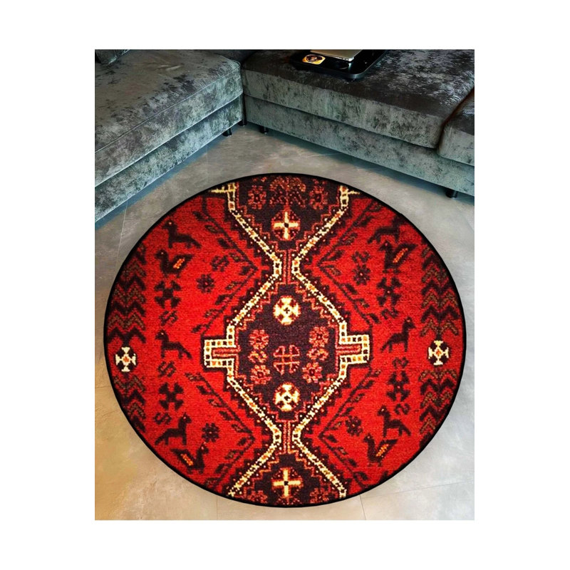 Burdy Themed Ethnic Motif Traditional Patterned Round Woven Base Vintage Decorative Carpet, Round 3'4"