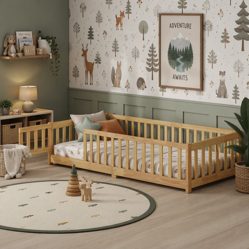 Lit simple au sol en bois d'hévéa avec garde-corps de sécurité et porte tournante pour enfants, idéal pour les pièces compactes et la période de transition
