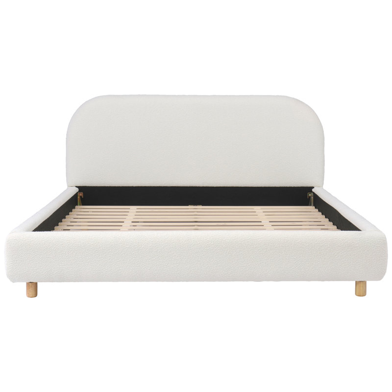 Lit tapissier avec tissu bouclé, tête de lit épaisse au design incurvé, pieds en bois massif, White