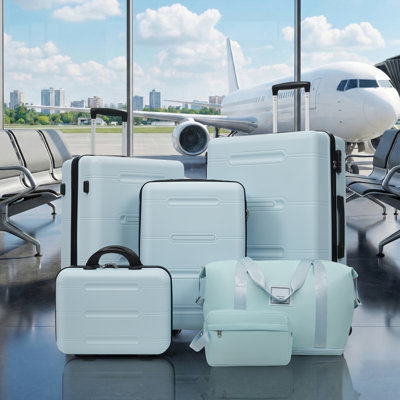 6 Piece Lightweight Hardshell Luggage Set with Spinner Wheels, Password Lock, and Multiple Travel Accessories for Convenient and Secure Journeys