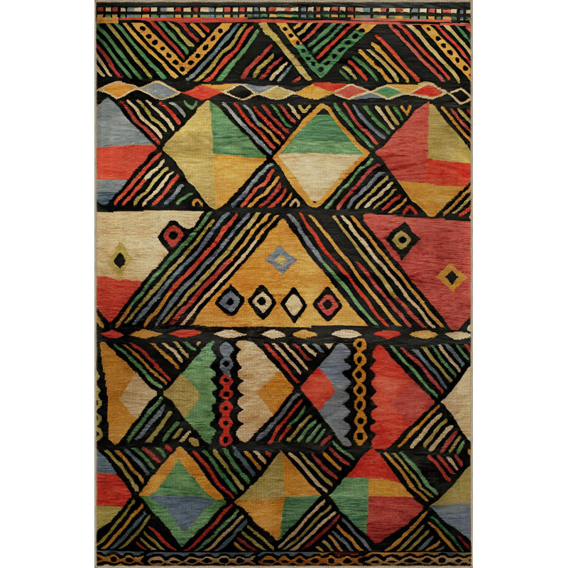 Dark-Toned Multi-Colored Spiral Mixed Geometric Rectangle Shape Patterned Modern Decorative Rug