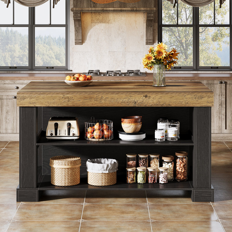 Kitchen Island With Storage Shelves, 55 Inch Kitchen Shelf With Large Worktop, Stable Wooden Structure, Farmhouse Style