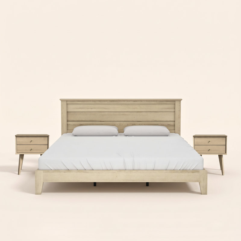 Branquinha Midcentury Coordinated 3 Piece Bedroom Set, Oslo Oak, 3 Pcs: Bed, 2 Nightstands, King