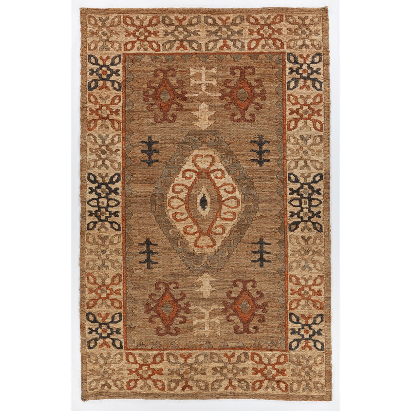 Tapis zone brun clair fait main dhurrie Ronan, Rectangle 5 pi x 7 pi 6 po