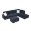 Canapé modulaire 3 places avec méridienne, repose-pieds avec rangement, pieds en métal et clous en cuivre, deux coussins blancs