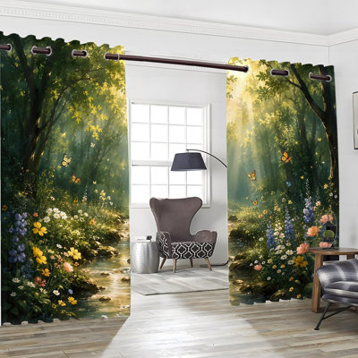 2 rideaux occultants avec œillets 2PCS, rideaux encastrés à motif floral en cascade de forêt, isolation thermique, réduction du bruit, protection de la vie privée, obscurcissement de la pièce, habillage de fenêtre artistique pour la décoration de la chambre à coucher