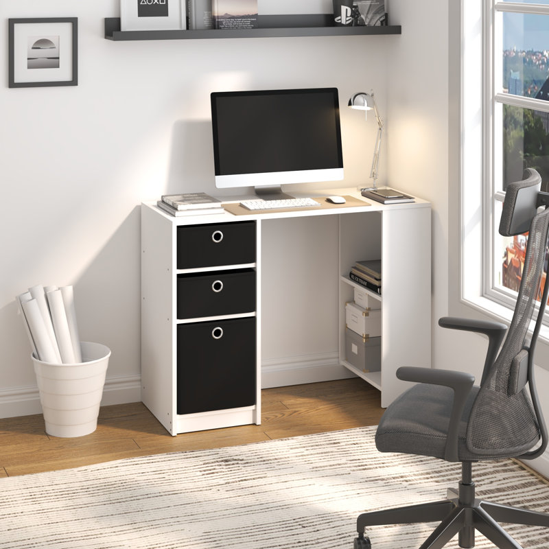 Table d'écriture d'ordinateur compacte avec bacs de rangement pour petits espaces, blanc / noir, Blanc ; noir