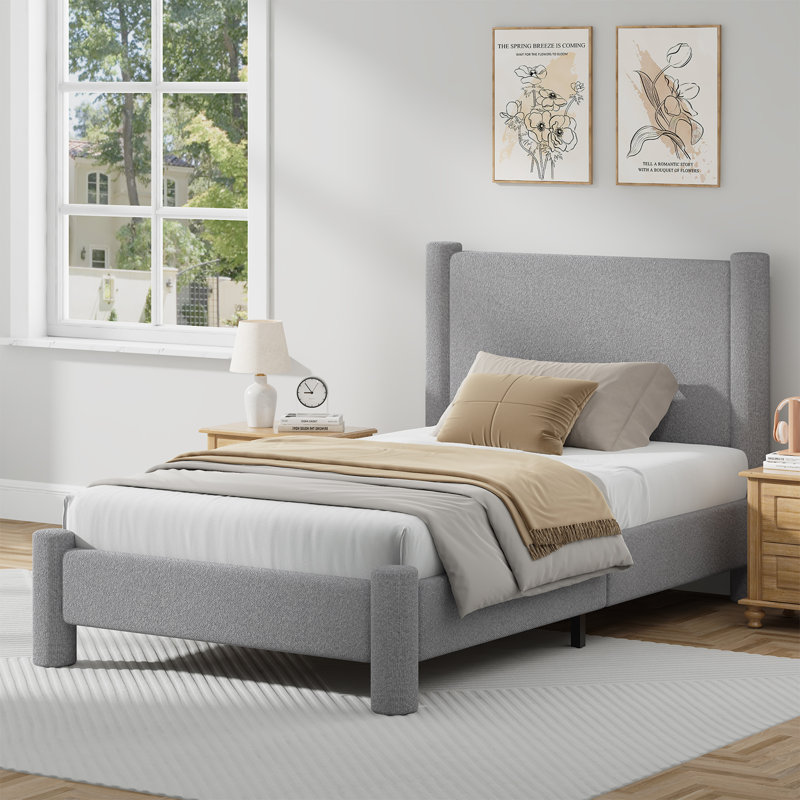 Lit plateforme tapissier Boucle, Gris, Simple