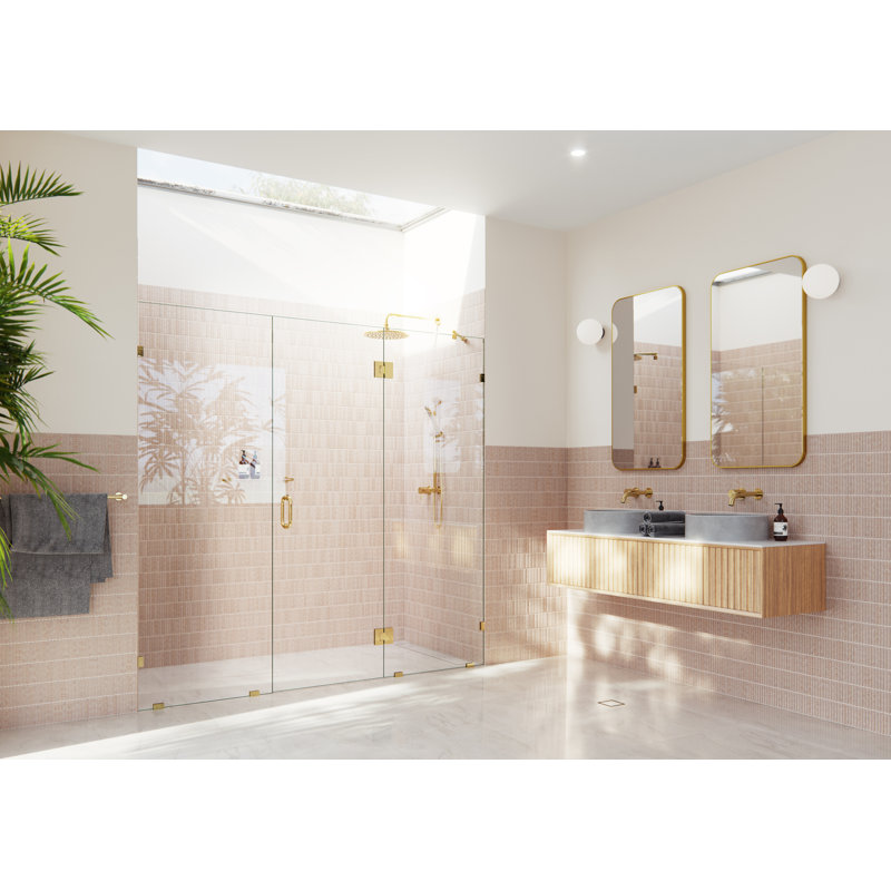 Stellar 94.75 In. X 78 In. Fully Frameless 3 Panel Inline Glass Hinged Shower Enclosure, Polished Brass