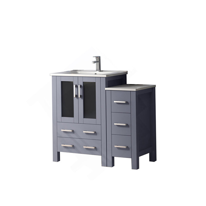 Meuble-lavabo simple 36 po X P 18,25 po D, avec armoire latérale, plateau en céramique et robinet