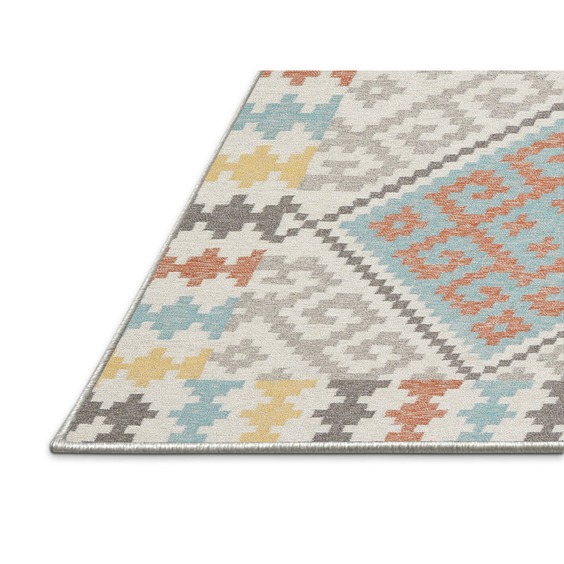 Tapis contemporain gris / bleu mer / rouge, Rectangle 5 pi x 7 pi
