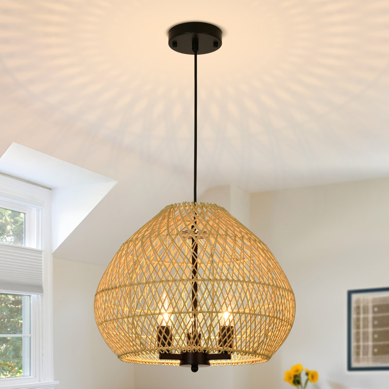 Luminaire suspendu de style campagne moderne à 3 lumières avec abat-jour en rotin pour îlot de cuisine