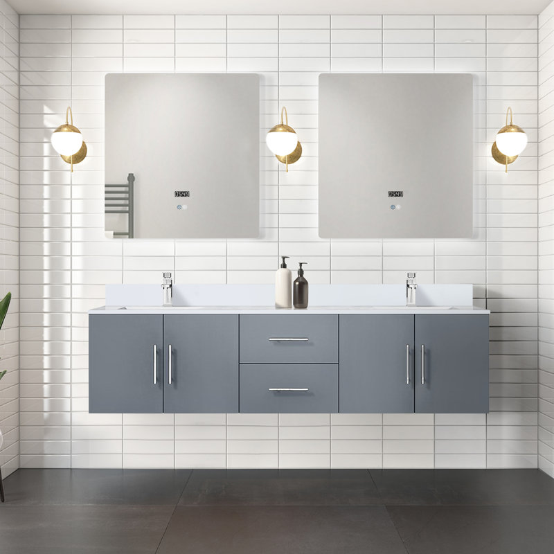 Geneva 72" Wall-Mounted Double Bathroom Vanity Set with Mirror, White Cultured Marble, Dark Gray