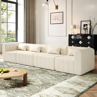 Modulaire rembourré 4 pièces beige, 145,5 po, 3 configurations pour bureau à domicile, mousse à haute résilience, revêtement, pièces modulaires faciles à agrandir, moelleux à densité élevée