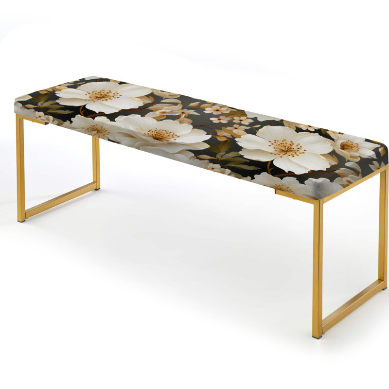 White Playful Flower Enchantment - Floral Upholstered Gold Bench