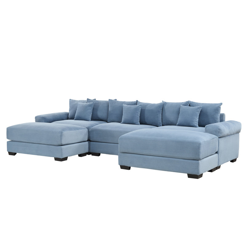 Cohette U-Shaped Corduroy Sectional Sofa with Ottomans & Throw Pillows, Blue Corduroy